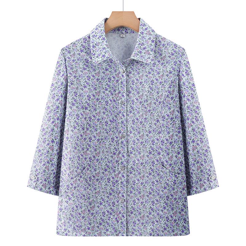 

Women s Summer Lapel Cotton Shirt - 3/4 Sleeve for Middle-Aged & Elderly 3XL (recommended 120-135 jin) фиолетовый