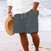 Men's Striped Cotton Linen Beach Shorts with Multi-Pocket and Drawstring