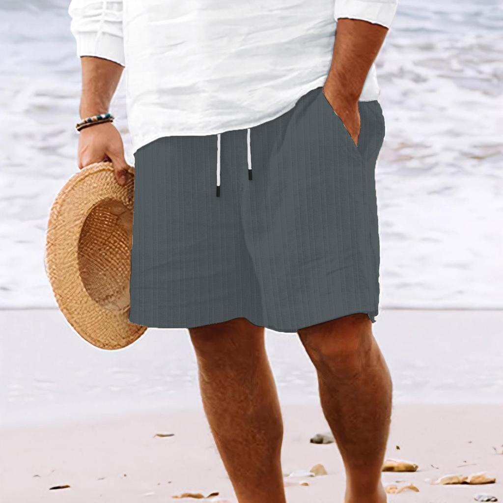 Men's Striped Cotton Linen Beach Shorts with Multi-Pocket and Drawstring