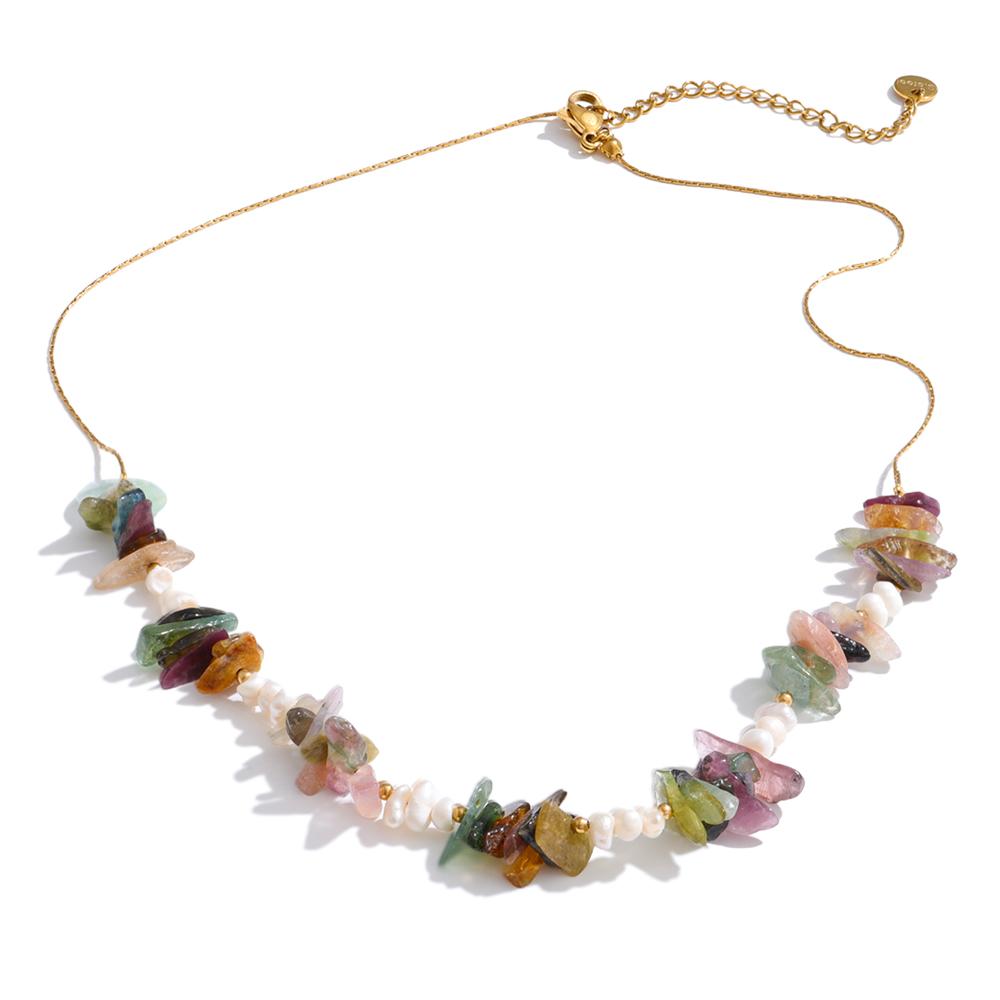 Yhpup Stainless Steel Multi-color Natural Tiger Stone Pearls Chain Handmade Necklace Waterproof Fashion Beads Chain Jewelry Gift