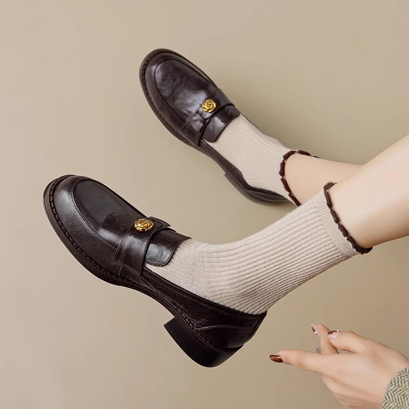 Women's French Retro Leather Camellia Loafers - Round Toe, Chunky Heel, Slip-on