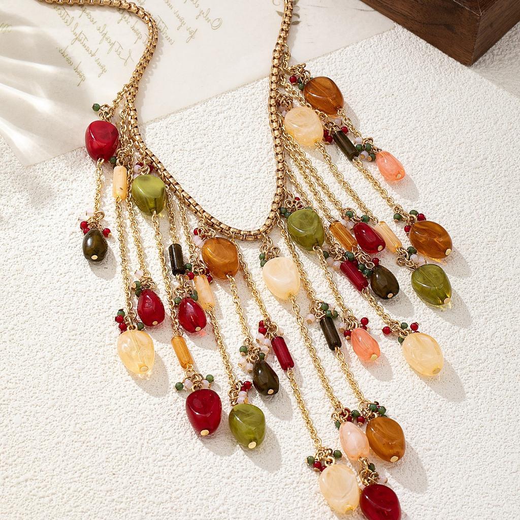 Bohemian Personalized Colorful Crystal Waterdrop Tassel Pendant Necklace for Women Daily Wear Beach Party Suitable