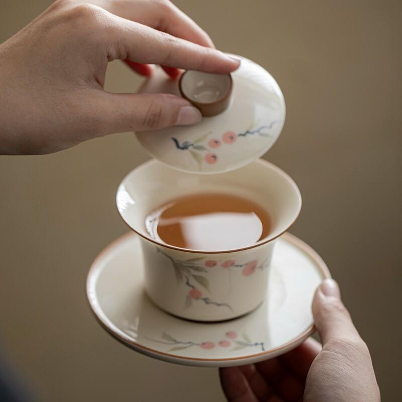 Plant Gray Hand-painted Persimmon Ruyi Horseshoe Covered Bowl Ceramic Three-talent Gaiwan Covered Cup Single Oven Mitts Tea Bowl