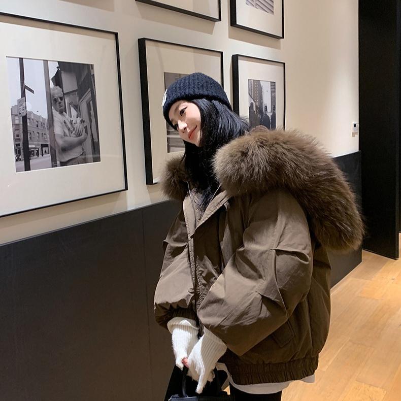 

Women s Thickened Cotton Jacket Winter Coat with Large Fur Collar and Horn Buttons Short Korean Style Comfortable Casual Jacket S кофейный