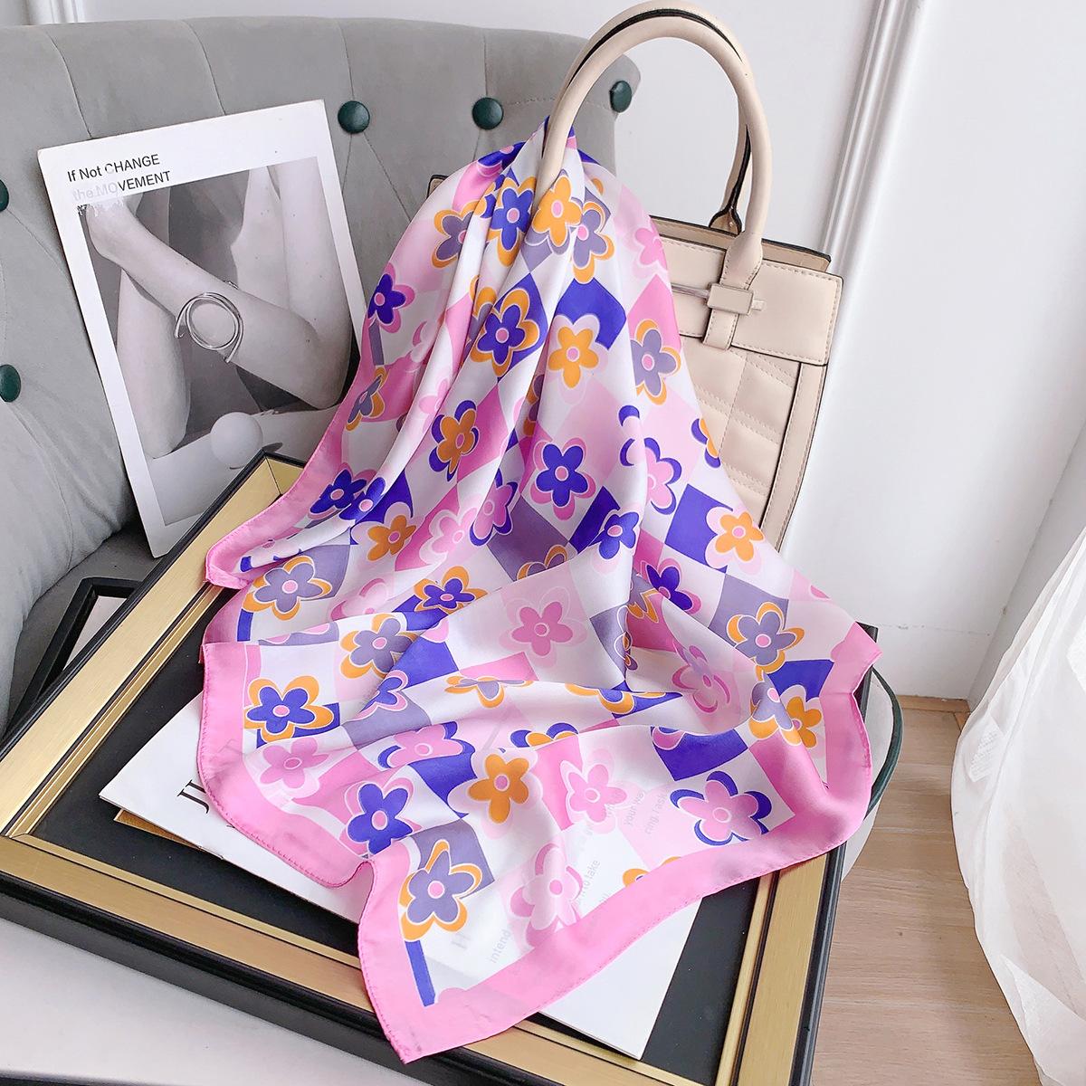 

Spring and summer simulated silk small square scarf female Hyunya style flower scarf new versatile sunscreen decorative scarf 70*70cm