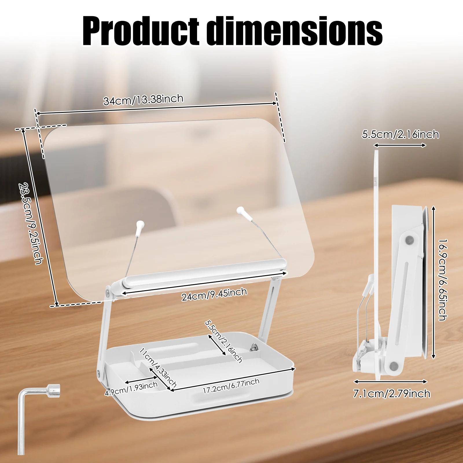 Transparent Book Stand Height Adjustable Book Holder with Storage and 360° Adjustable Base Foldable Tablet Laptop Reading Stand