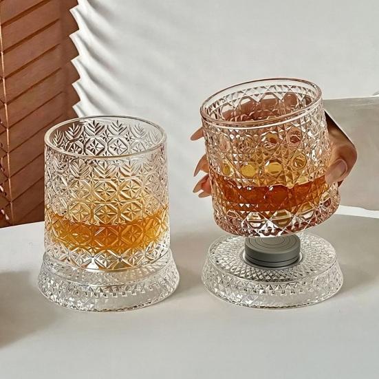 Yousheng Dad's Gift, Spinning Whiskey Glass with LED Light, 260ml Embossed Rotating Tumbler, Father's Day Present, Gift for Wine Lover