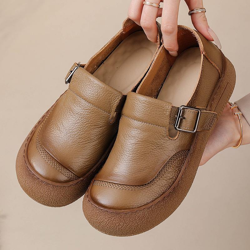 Fashion Original Natural Leather Shoes for Women Vintage Comfort Round Toe Buckl Flats Woman Slip On Orthopedic Loafers Ladies Moccasins