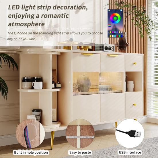 Dining Room Sideboard Living Room Storage Cabinets with Glass Sliding Doors, LED Lights Wooden Dressing Free-Standing Cupboards Buffet Cabinet Kitchen