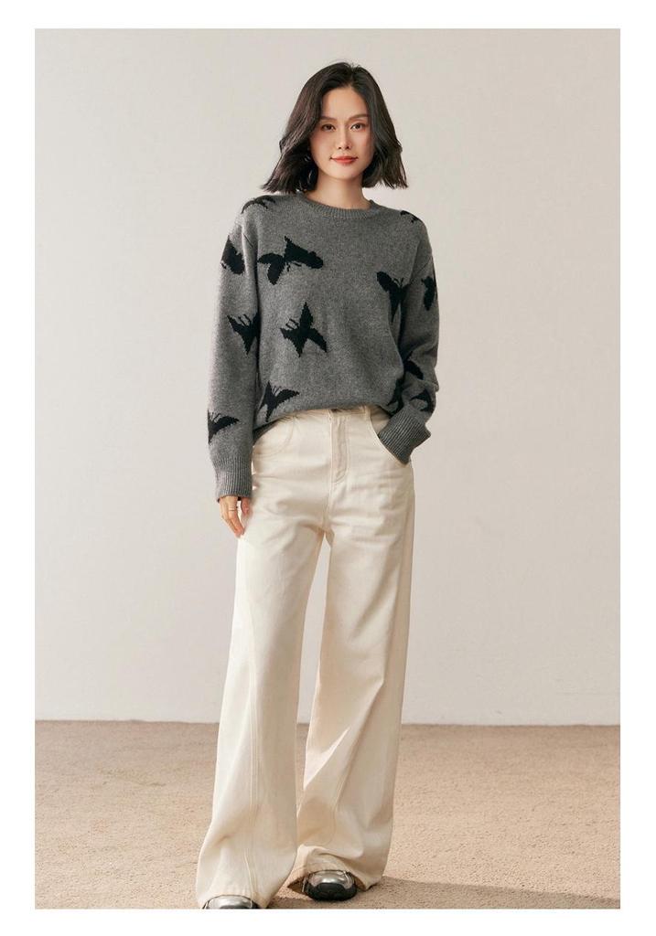 Women's Butterfly Cashmere Round Neck Sweater - 2025 Autumn/Winter Loose Slim Fit Knitwear