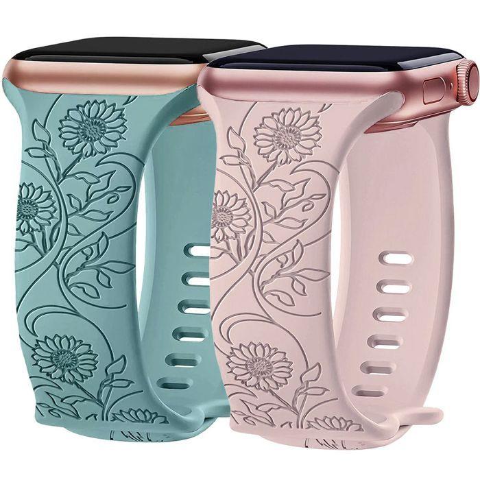 2x Bracelet pour Apple Watch Series Ultra 1/2, 10, 9 8 SE 7 6 5 4 3 2 1 42mm-44mm-45mm-46mm-49mm TPU Motif Tournesol Rose et Vert