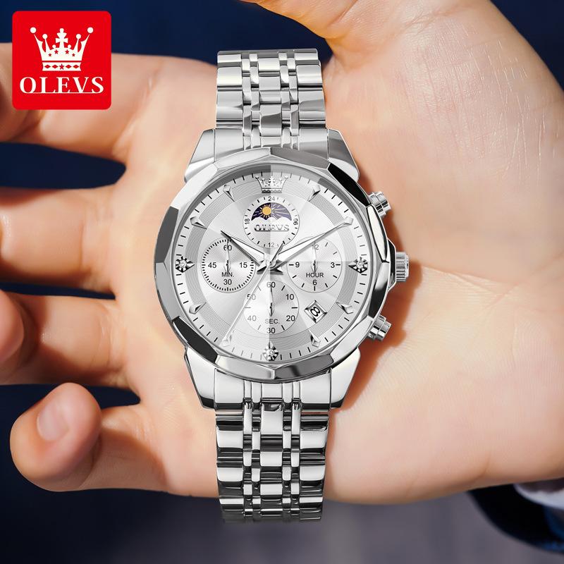 OLEVS Mens Watch Original Business Brand Quartz Watch Rhombus Mirror Waterproof Luminous Automatic Date Moon Phase Watch
