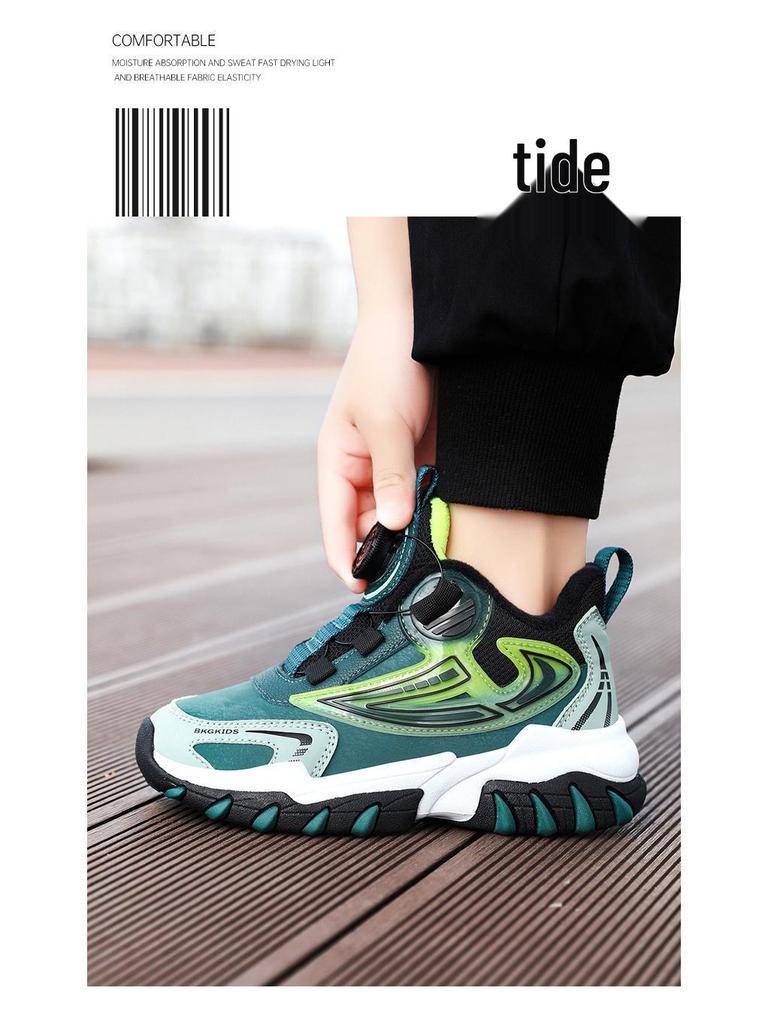 Waterproof Leather Boys' Sports Shoes with Rotating Button, Cotton and Velvet Lining, for Teens and Big Kids