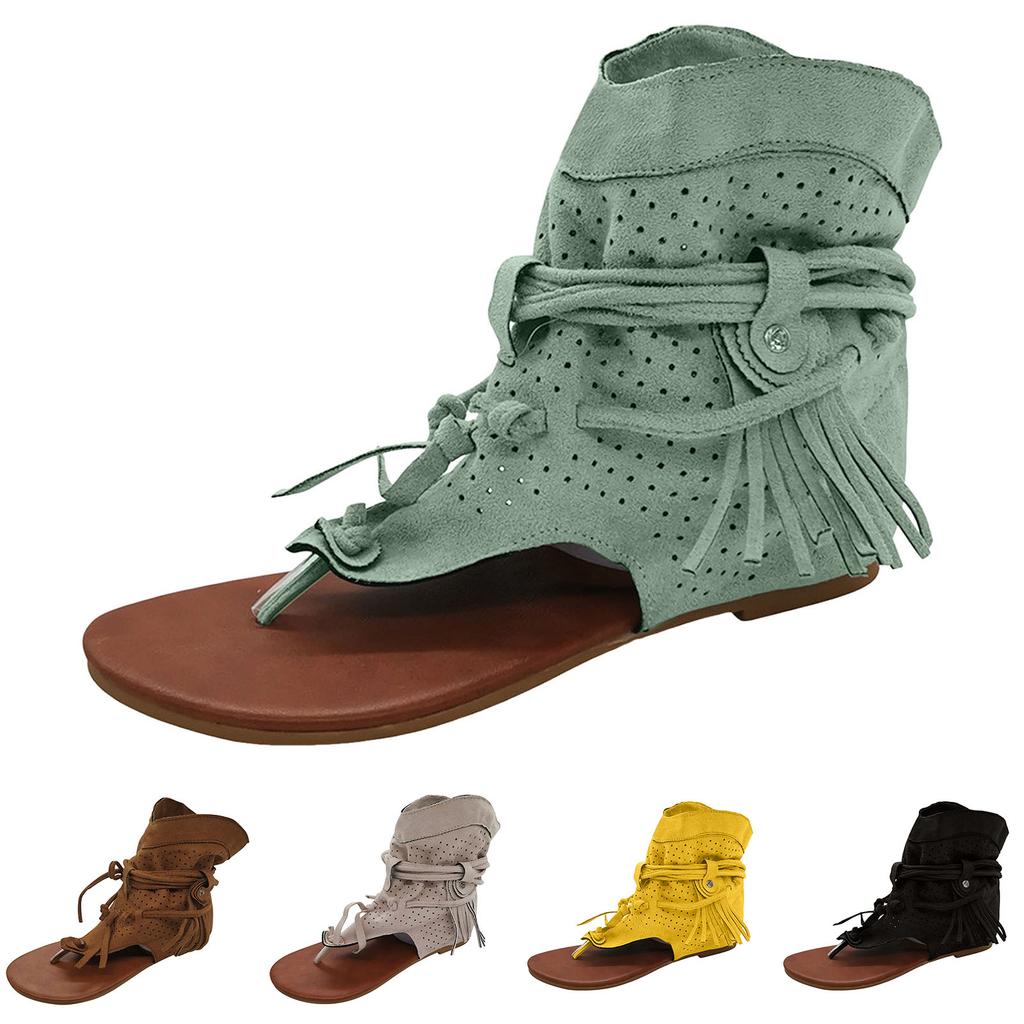 Lace Up Platform Sandals For Women Flat Soled Thong Toed Women'S Slippers Fashionable And Casual Tassel Hollow Zapatos De Mujer