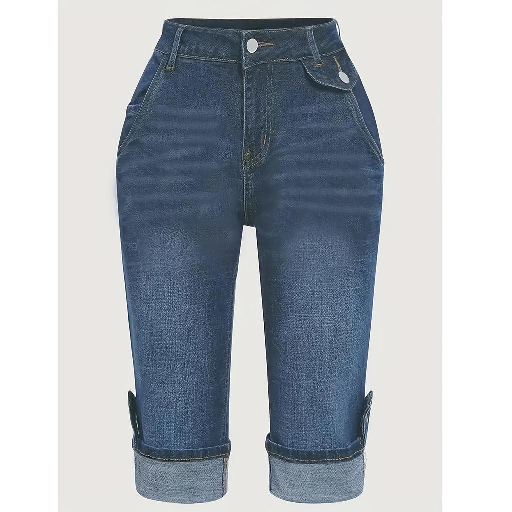 Plus Size Women's Slim Fit Elastic Cuffed Denim Bermuda Shorts
