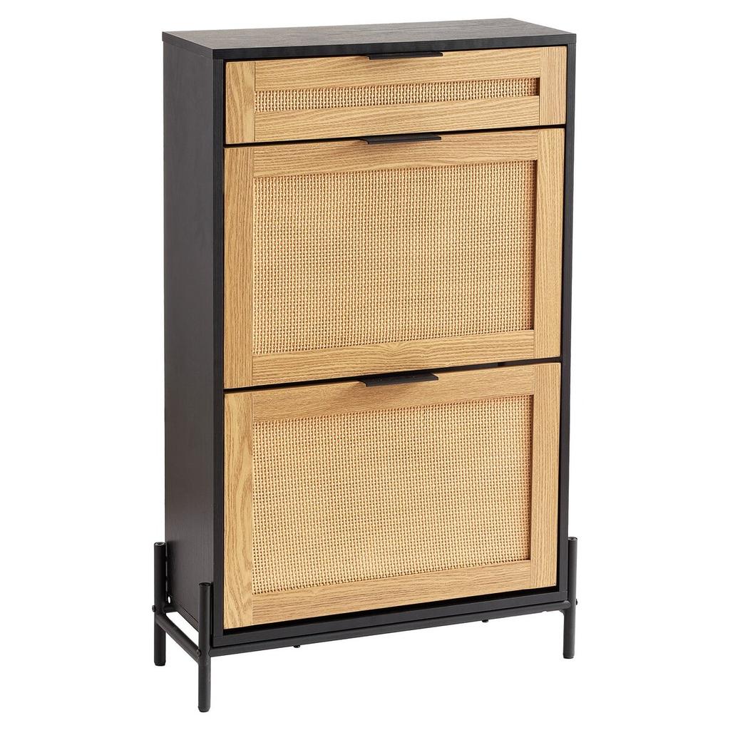 Rattan Shoe Cabinet Shoe Organizer 2 Flip Drawers & 1 Slide Drawer Black