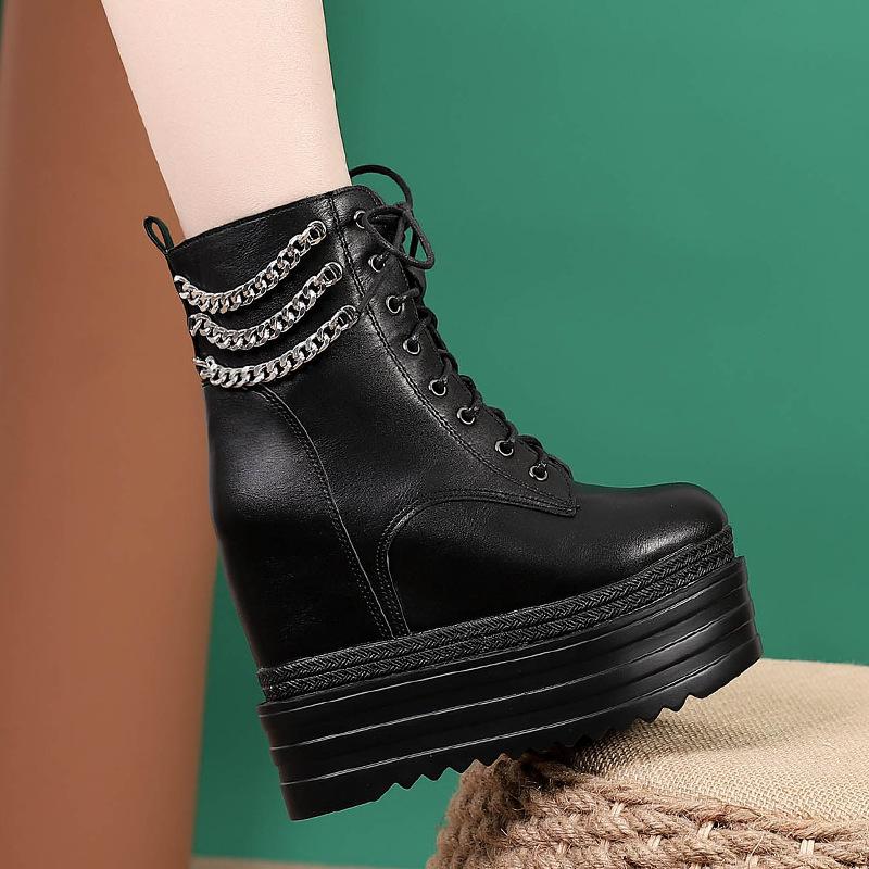 Fashion 13CM Women's Trendy Platform Boots Fashion Side Zipper Buckle Strap Design Height Increasing Stylish Mid Calf Boots Wedge Heel
