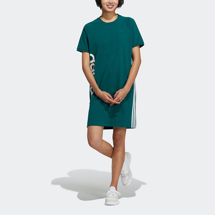 Adidas Neo Color Block Logo Print Sports Round Neck Short Sleeve Dress Women Dresses Forest-Green H61975
