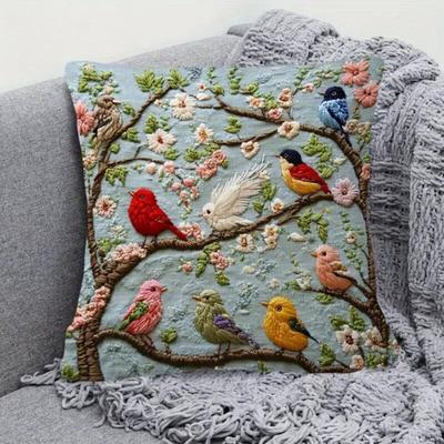 Bestickter Zierkissenbezug Blume Baum Vogel Kissenbezug Dekorativer Kissenbezug mit Reißverschluss für Wohnzimmer Sofa Couch Bett