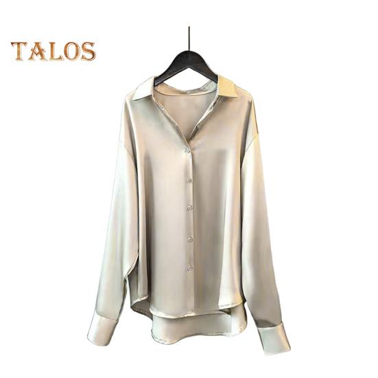 Dámská košile s klopou, dlouhým rukávem, jednoradovým zapínáním, topy, jednobarevná, hladký satén, volný střih, ležérní košile