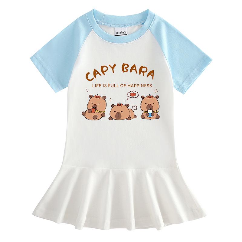 Summer Cartoon Color Block Raglan Dress for Baby Girls - Short Sleeve with Ruffled Pleated Skirt
