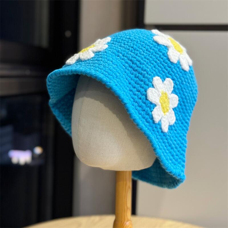 Dopamine Colored Flower Knitted Fisherman Hat Girls Autumn and Winter Sweet and Cute Versatile Face Small Thermal Basin Hat