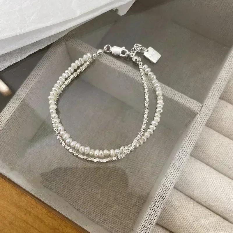 925 Silver Bracelet Double Layer Pearl Bracelet for Women Girl Vintage Luxury Design Bead Korean Jewelry Charm Bracelet