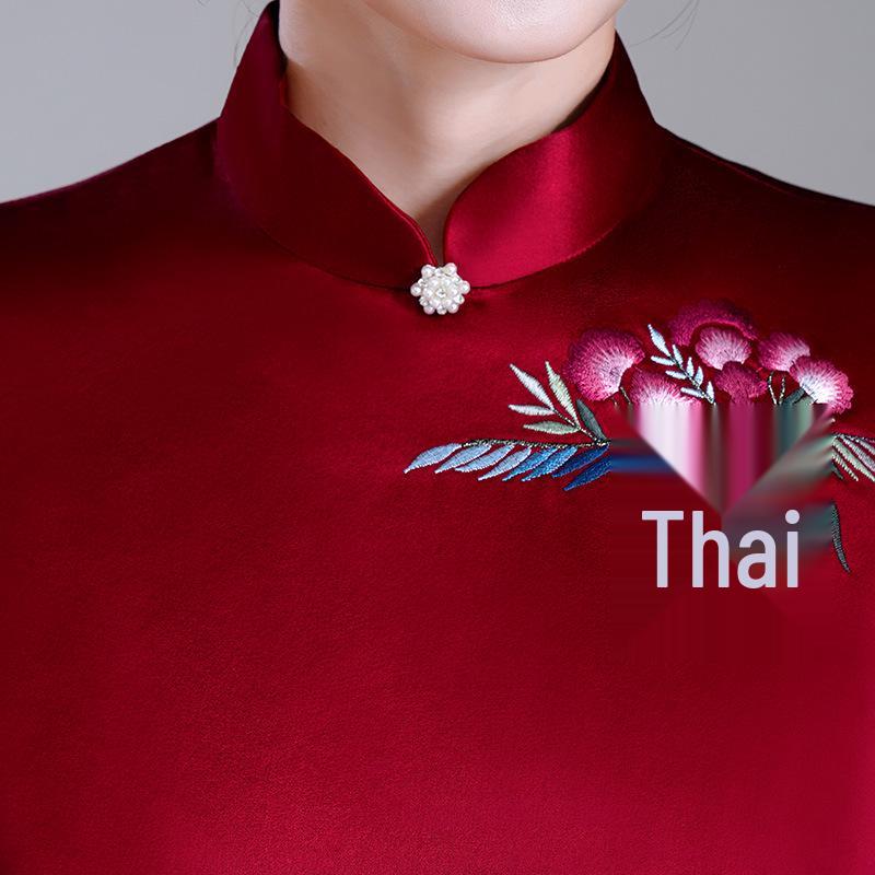 Elegant Spring Acetate Satin Embroidered Cheongsam for Mothers - New Chinese Wedding Style Dress
