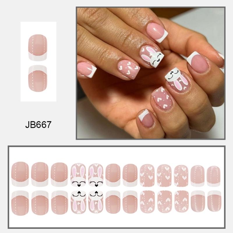 24pcs Square Press On Nail with Rabbit Pattern Short Artificial Nail Full Cover False Nail Manicure Nail Art for Women