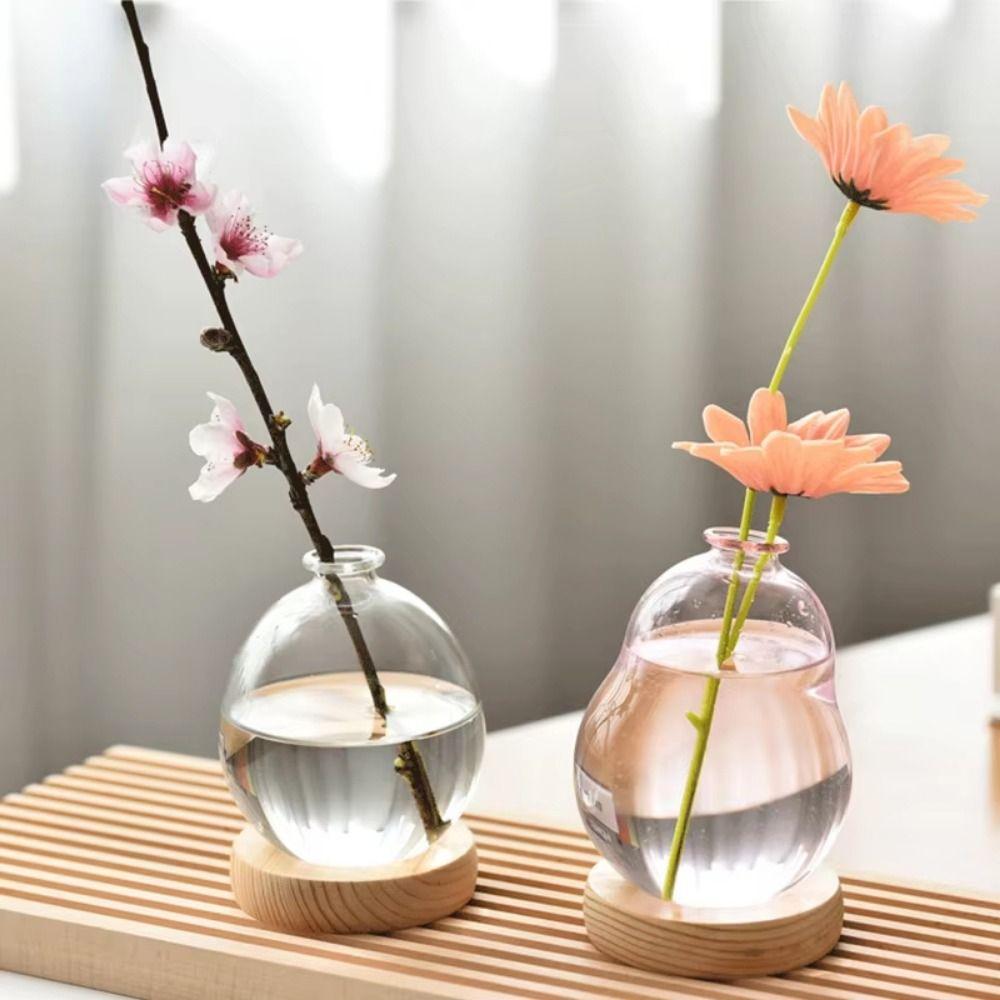 Transparent/Pink Creative Bubble Glass Vase With Wood Base Desktop Decorating Flowerpot  Home