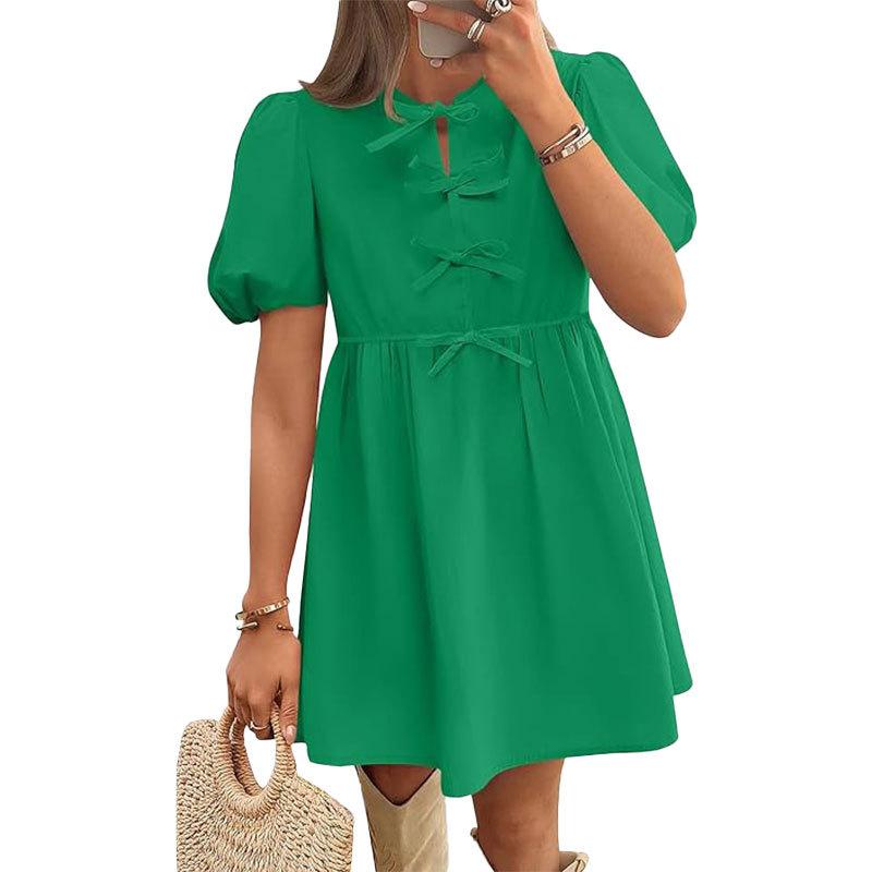Spring New Arrival Women Clothing Temperament Elegant Bow Straps Solid Color Dress Women
