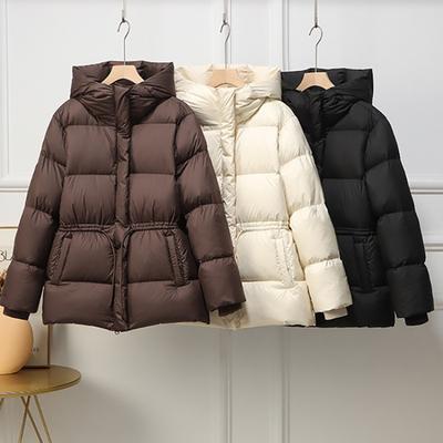 Womens Mid-Length Puffer Coat With Hood White Duck Down Fill Slim Fit Warm Winter Jacket Daily Wear