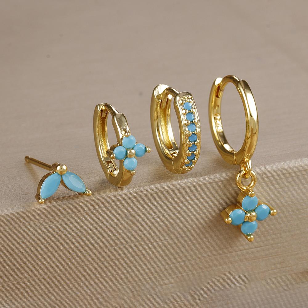 4pcs Fashion Cubic Zirconia Flower Hoop Earrings Set 18K Gold Plated Stainless Steel Stud Earring Piercing Jewelry Aretes Mujer