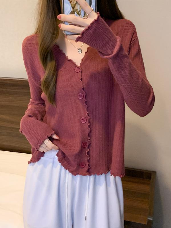 Plus Size Women's Ruffle V-Neck Cardigan Top - Long Sleeve, Slimming, Autumn Fashion