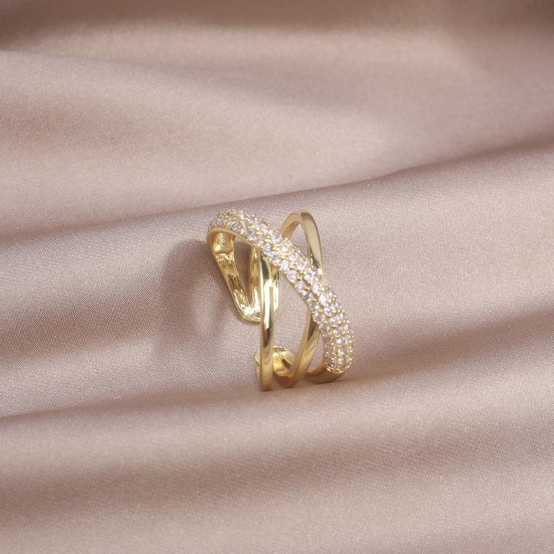 Korea Design Fashion Jewelry 14K Real Gold Electroplating Zircon Geometry Ring Elegant Women's Daily Work Open Ring