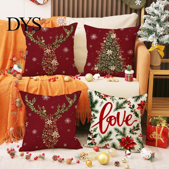Cozy Red Holiday Accent Pillows Christmas Throw Pillow Covers, Poinsettia Reindeer Pine Branch Decorative for Bay Window Cushion Cases, Xmas