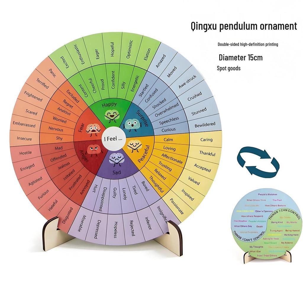 Emotion Wheel Wooden Desk Ornament: Double-Sided Large Emotion Chart for Mental Health Therapy