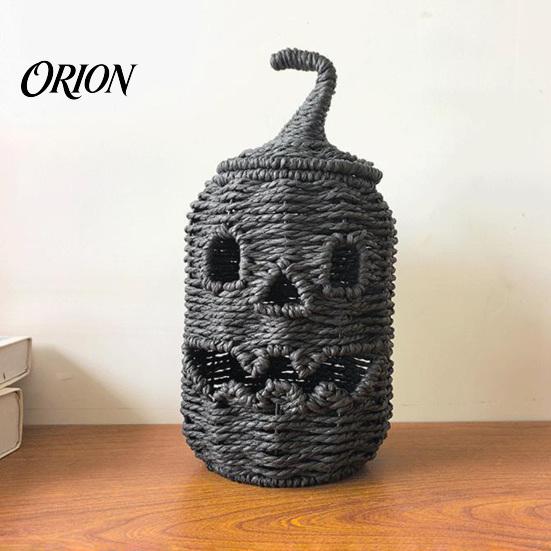 Small Lamp Holder for Halloween Handwoven Pumpkin Lantern, Vintage Rustic Decor, Hollow Smile Grimace Party Ornament Face Storage Jar with Lid,