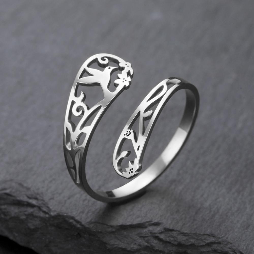 

My Shape Bird Flower Filigree Rings Stainless Steel Floral Hummingbird Finger Ring Adjustable Size Fashion Jewelry Girls Gifts resizable