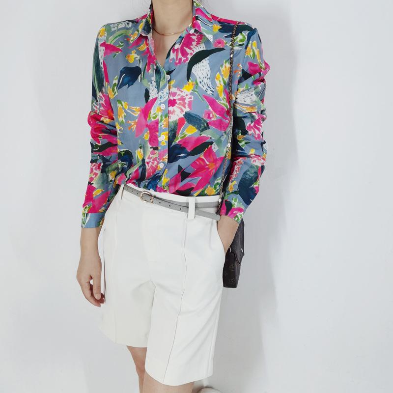 Clearance Women's French Art Print Silk-Cotton Button-Down Long Sleeve Shirt - Medium