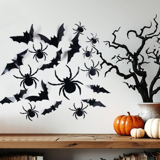 24 Pcs Halloween 3D Bat And Spider Stickers Spooky Black Spider Bat Wall Decals Removable PVC Cings for Home Office Wall Window Decor