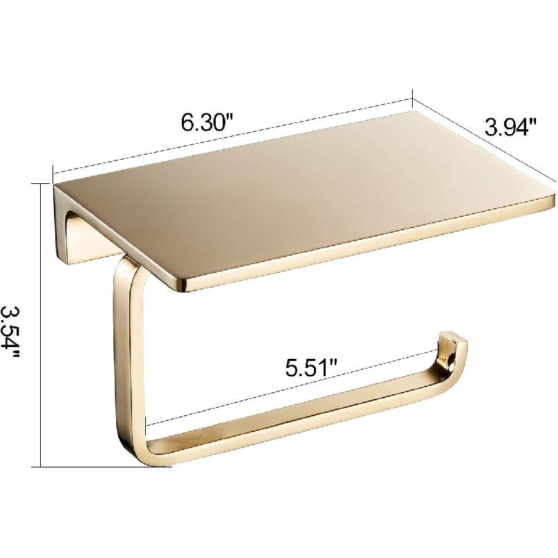 Toilet Paper Holder for Bathroom Solid Brass and Superior Hotel Style Tissue Roll Holder with Cell Phone Storage Gold Finish