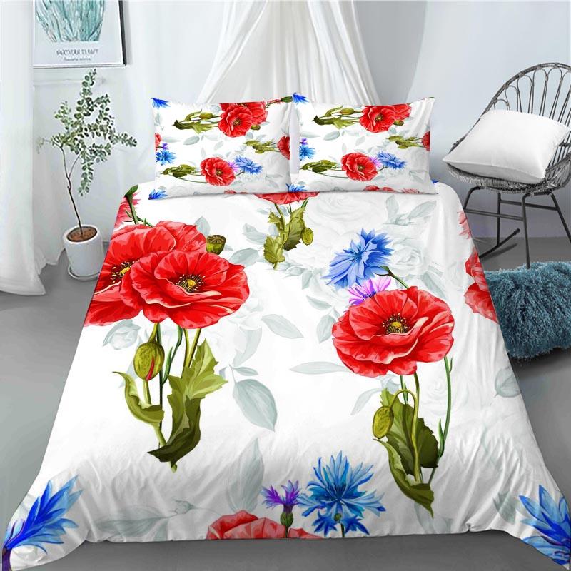 3D Red Poppy Duvet Cover King Queen Size Beautiful Flower Polyester Quilt Cover with Pillowcases Kids Adults Home Bedroom Decor