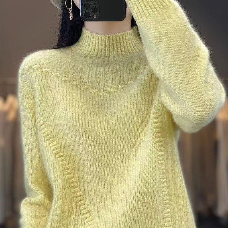 Women's Solid Color Thickened Drum Wave Sweater Pullover Half High Neck Inside and Outside Fashion Bottom Women's Sweater