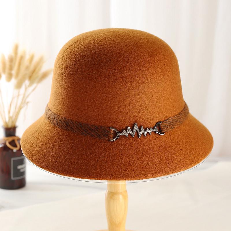 New button noble hat women's British retro dome basin hat autumn and winter short brim old wool top hat