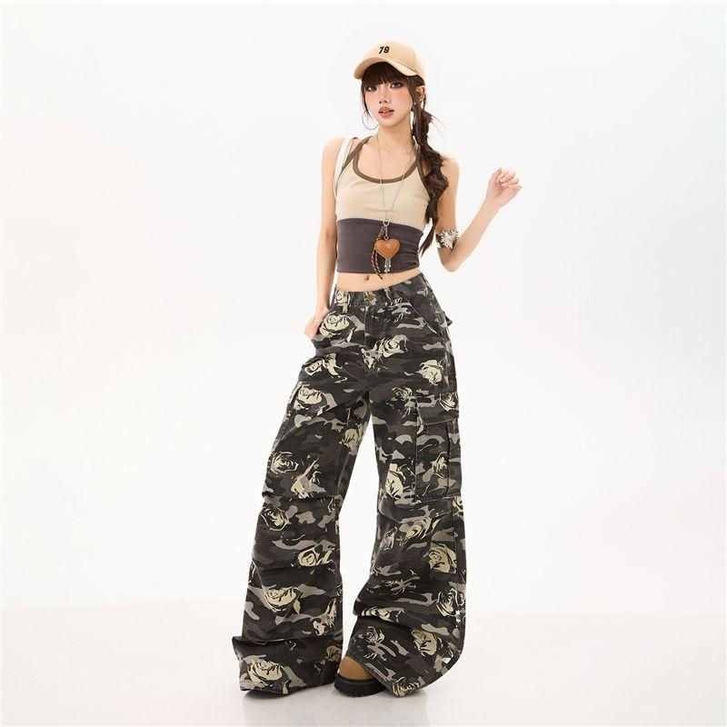 Spring Summer Pure Cotton Unique Print Relax Wide Leg Casual Cargo Denim Pants For Ladies Casual Pants Oversize Denim Trousers
