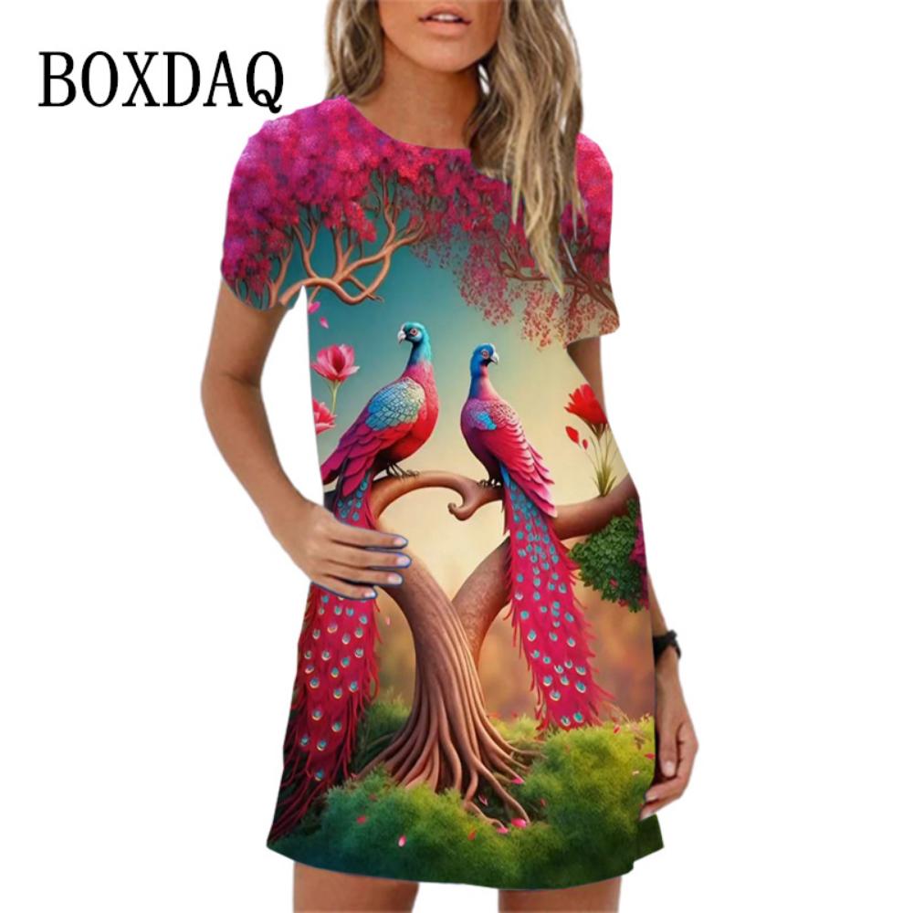 2026 New Summer 3d Peacock Pattern Loose A-line Round Neck Dress Casual Beach Party Short-sleeved Dress