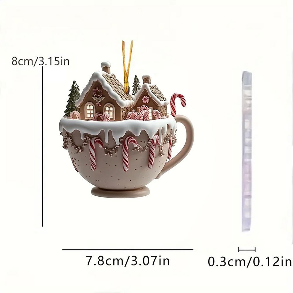 Christmas Tree Ornaments Cup House Shape Vintage Decorative Ornament Decor 2D Festive Acrylic Pendant for Hallway Bedroom