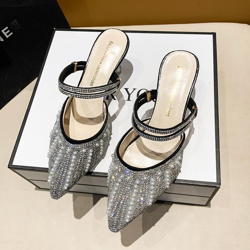 Fashion 2025 Sandals Female Pearl Rhinestone High Heels New Female Two Wear Fairy Wind French Temperament Baotou Fashion Slippers