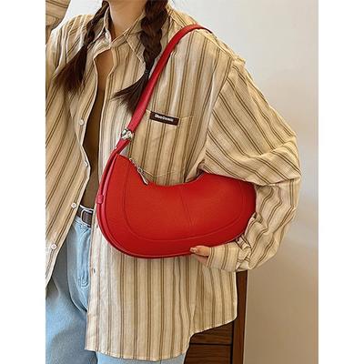 Fashion Red Women Single Shoulder Bag Korean Casual PU Leather Zip Small Handbags Female Classic Solid Color Underarm Bag